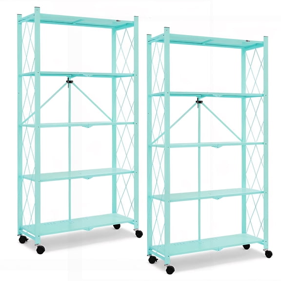 Folding Shelf on Wheels 5-Tier, Freestanding Metal Wire Storage Rack for Pantry Kitchen Garage, No Assembly Rolling Shelves Unit (Green-2Pack)