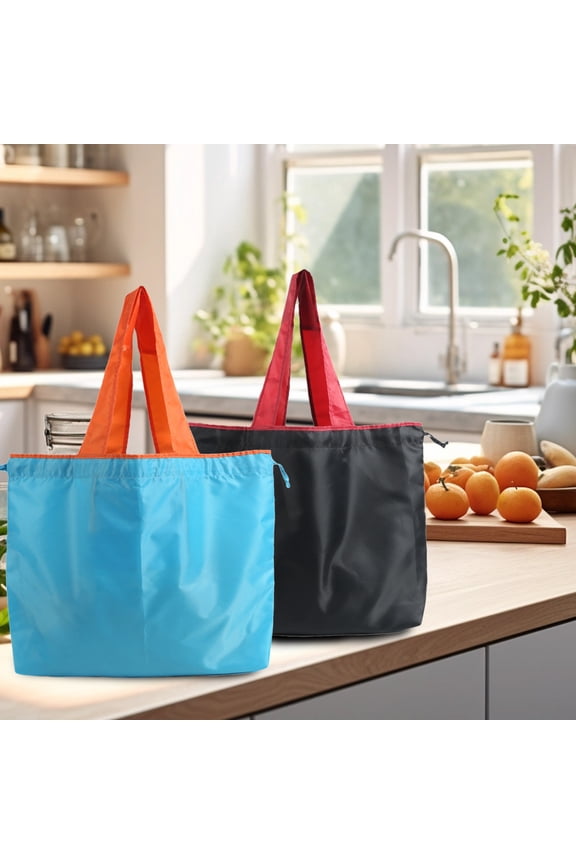 Folding Shopping Bag, Polyester Oxford Cloth, Portable Drawstring Tote, Lightweight, Waterproof, Black/Blue, 54x38x11cm for Grocery, Supermarket, Travel