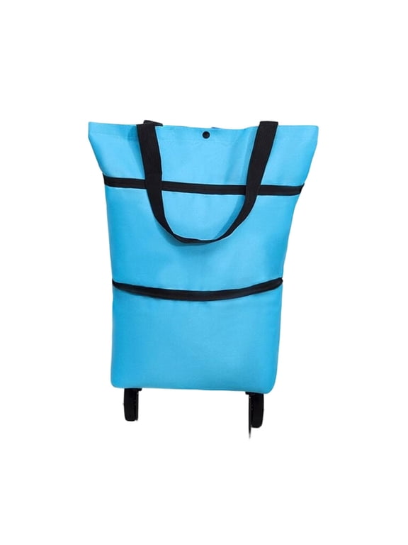 Folding Shopping Bag Rolling Grocery Tote with Wheels for Market Run Wheeled Market Bag for Commute Travel Home Kitchen Light Blue 17.7"x10.6"