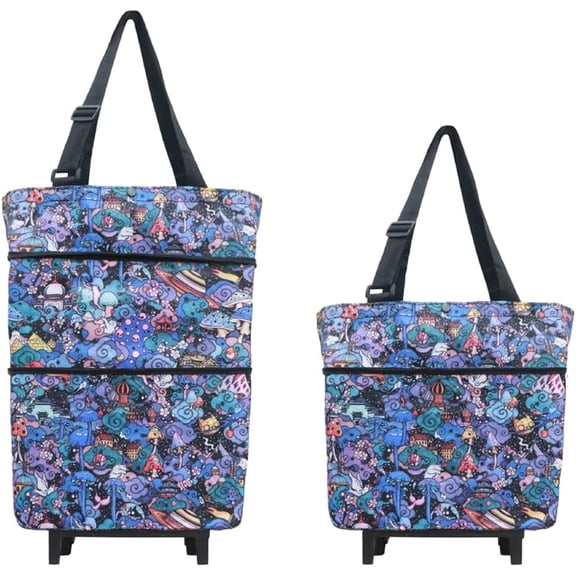 Folding Shopping Bag with Wheels, Small Rolling Folding Grocery Cart on Wheels, Collapsible Wheeled Portable Rolling Tote Bag for Groceries Shopping Cart