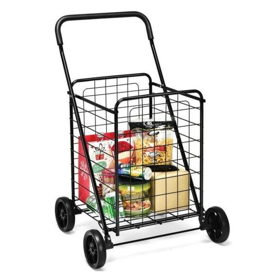 Folding Shopping Cart - 100lbs Utility Cart for Groceries & Laundry - Portable Steel Frame, Large Capacity - Black