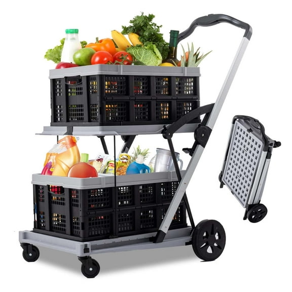 Folding Shopping Cart with 2 Storage Crates, Multi Use Two Tier Collapsible Cart with 360° Rolling Swivel Wheels Heavy Duty Utility Cart Folding Trolley for Shopping, Picnic and Office