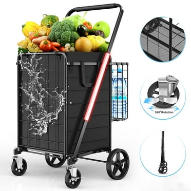 Folding Grocery Cart with Braked 360° Swivel Wheels – Large Heavy Duty Shopping Cart with Double Basket, Waterproof Liner, 420lbs Capacity – Portable Utility Cart for Laundry & Travel, Black
