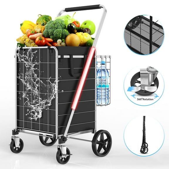 Folding Shopping Cart with Braked 360° Swivel Wheels – Large Heavy Duty Shopping Cart with Double Basket, Waterproof Liner, 420lbs Capacity – Portable Utility Cart for Laundry & Travel, Silver