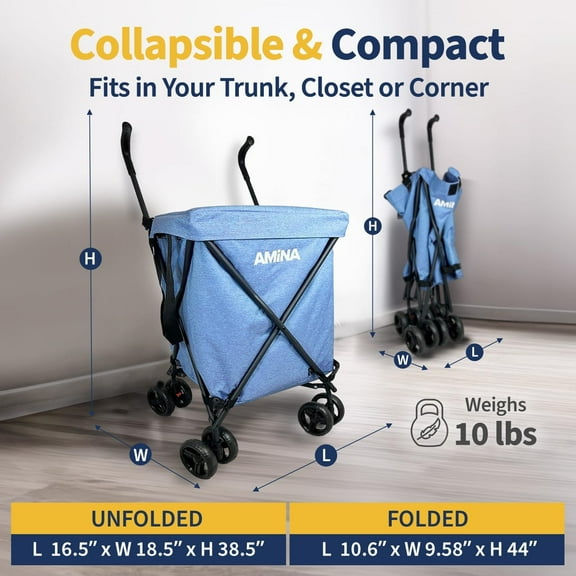 Folding Shopping Cart - Collapsible Laundry Cart with Wheels, Water-Resistant Grocery Cart for Groceries, Camping, Sports, Up to 132 lbs - Blue