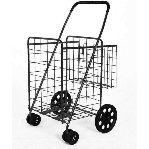Folding Shopping Cart Double Basket Jumbo Size 150lb Capacity by USA Cash and Carry | Black