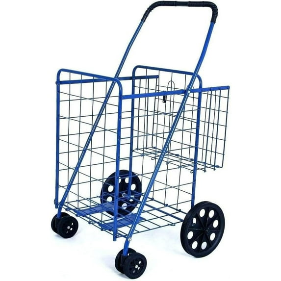 Folding Shopping Cart Double Basket Jumbo Size 150lb Capacity by USA Cash and Carry | Blue