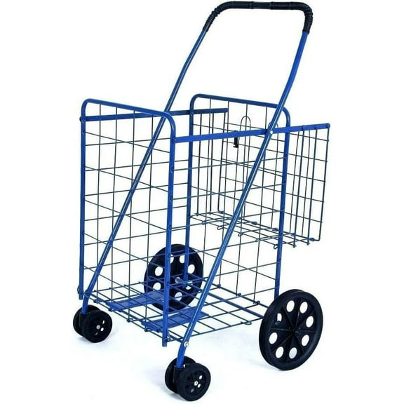 Folding Shopping Cart Double Basket Jumbo Size 150lb Capacity by USA Cash and Carry | Blue