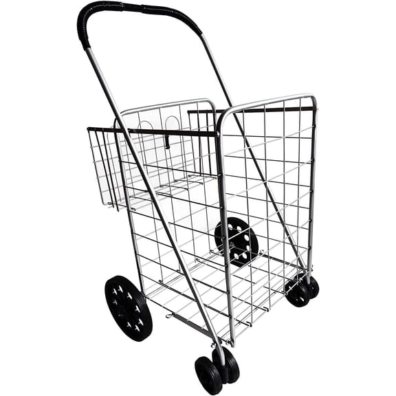 Folding Shopping Cart Double Basket Jumbo Size 150lb Capacity by USA Cash and Carry | Silver