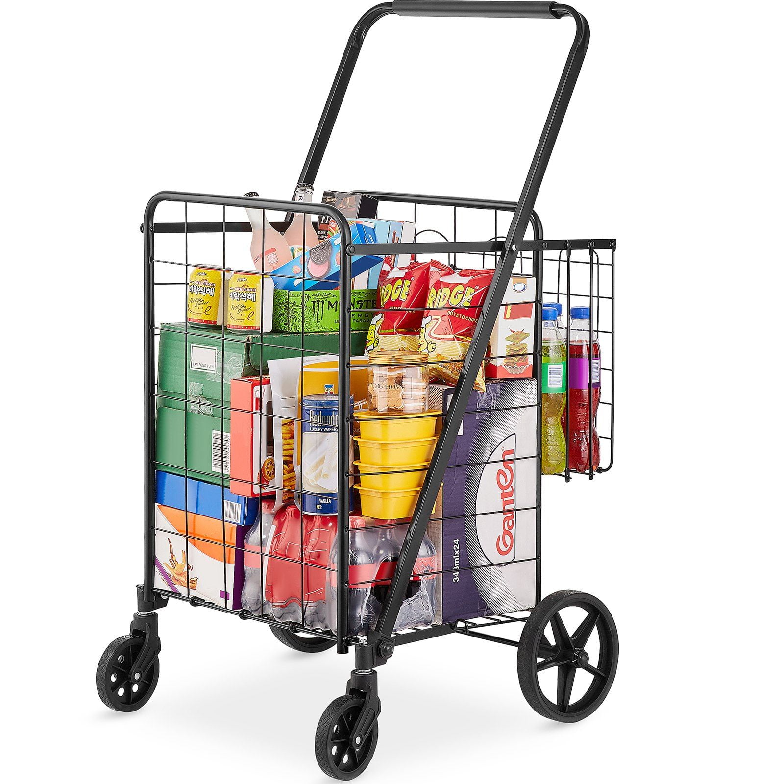 Folding Shopping Cart with Double Baskets, 110 LBS Capacity Heavy Duty Utility Cart, 360° Swivel Wheels, Portable Grocery Cart for Shopping Laundry Luggage