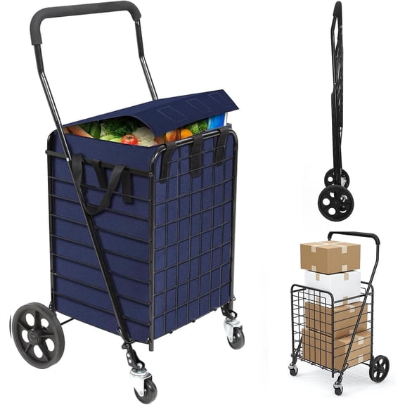 Folding Shopping Cart for Groceries, Grocery Cart with Waterproof Liner and 360° Swiveling Wheels Collapsible Shopping Carts for Condo Laundry Transport Trip