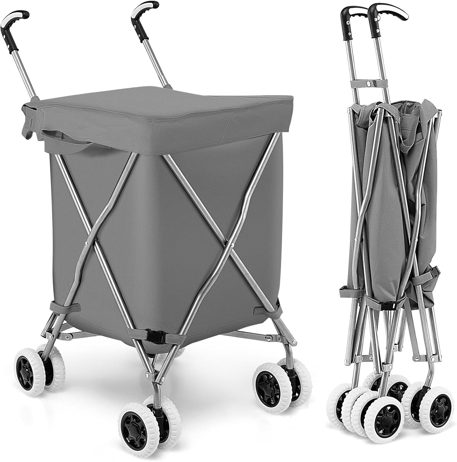 Folding Shopping Cart, Grocery Cart with Removable Basket, 360° Rolling