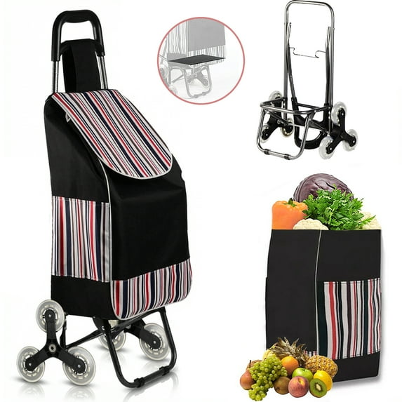 Folding Shopping Cart, Heavy Duty Grocery Cart with Wheels, Easy Stair-Climbing Large Utility Cart Trolley for Groceries, Laundry, Pantry, Garage,Black