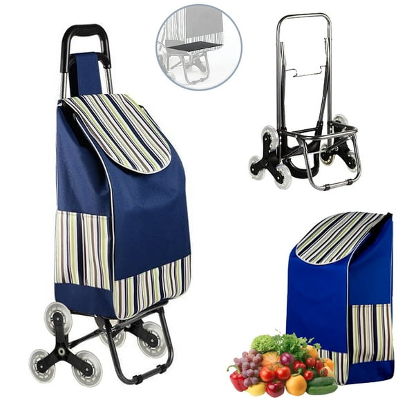 Folding Shopping Cart, Heavy Duty Grocery Cart with Wheels, Easy Stair-Climbing Large Utility Cart Trolley for Groceries, Laundry, Pantry, Garage（Dark Blue）
