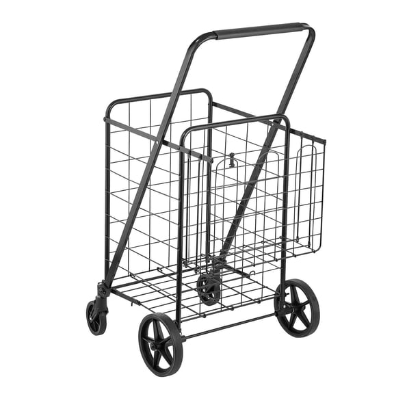 Folding Shopping Cart Jumbo Grocery Cart Double Baskets 360 Degree Swivel Wheels Heavy Duty Utility Cart 110 LBS Large Capacity for Laundry Shopping Grocery Luggage