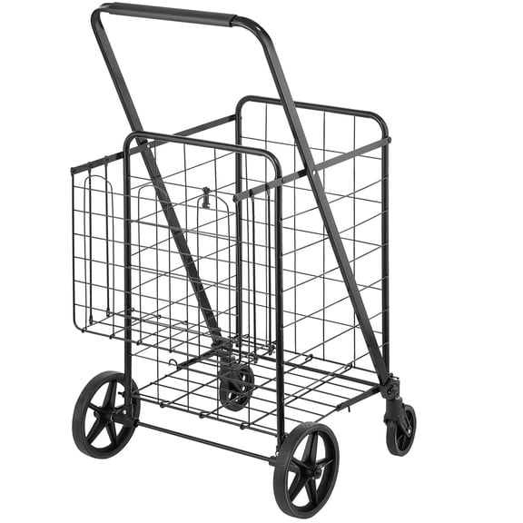 Folding Shopping Cart, Jumbo Grocery Cart with Double Baskets, 360 Swivel Wheels, Heavy Duty Utility Cart, 110 LBS Large Capacity Utility Cart for Laundry, Shopping, Grocery, Luggage