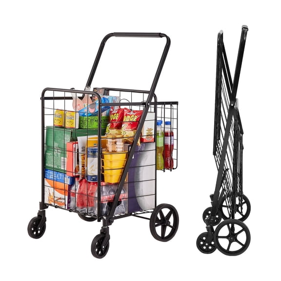 Folding Shopping Cart, Jumbo Grocery Cart with 360 Wheels, 50kg Heavy Duty Utility Cart for Laundry, Groceries, Luggage, Collapsible Double Basket
