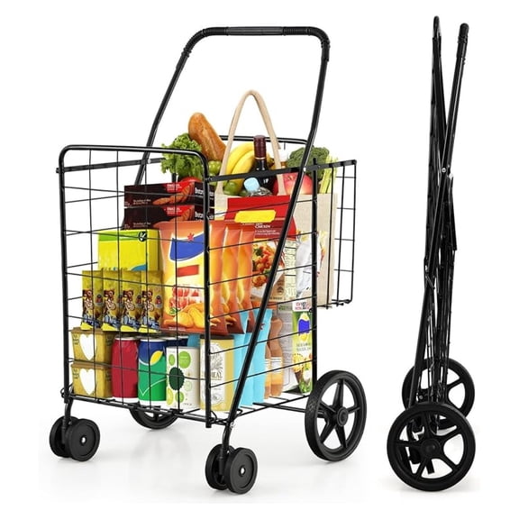 Folding Shopping Cart, Metal Grocery Cart with Extra Basket, 360 Swiveling Front Wheels & Comfortable Handle, Light Weight Collapsible Utility Cart for Laundry, Camping (Black)
