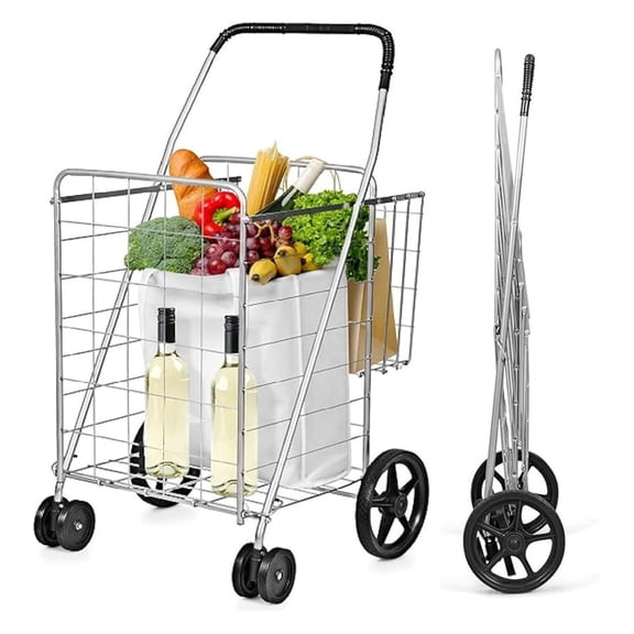 Folding Shopping Cart, Metal Grocery Cart w/Extra Basket & 360 Swivel Wheels & Non-Slip Handle, Heavy Duty Utility Cart for Grocery Laundry Book Luggage (Silver)