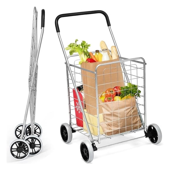 Folding Shopping Cart, Portable Utility Cart w/All- Wheels, 22 Gallon Large Capacity, Heavy-Duty Steel Frame, Grocery Cart Granny Cart for Shopping Laundry Camping (Silver)