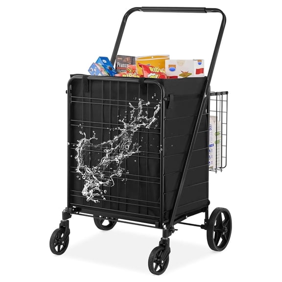 Folding Shopping Cart with Removable Waterproof Liner, 330LBS Large Capacity Jumbo Grocery Cart with Dual Basket, 360 Swivel Wheels, Dense Metal Mesh Base, Heavy Duty Utility Cart for Shopping