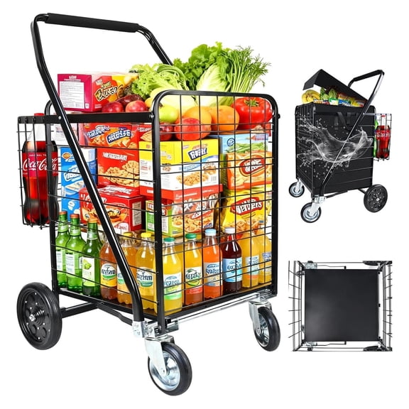 Folding Shopping Cart with Removable Waterproof Liner, 450LBS Capacity Grocery Cart with Dual Basket & 360 Swivel Wheels, 39.5 Gal Jumbo Heavy-Duty Cart Wagon for Grocery Shopping Laundry Transport