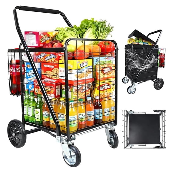 Folding Shopping Cart with Removable Waterproof Liner, 450LBS Capacity Grocery Cart with Dual Basket & 360 Swivel Wheels, 39.5 Gal Jumbo Heavy-Duty Cart Wagon for Grocery Shopping Laundry Transport