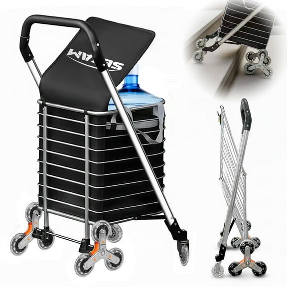 Folding Shopping Cart, Stair Climbing Utility Cart with 360 Swivel Wheels, 44 LB Capacity, Foldable Grocery Cart for Groceries, Laundry, and Pantry