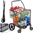 thumbnail image 1 of Folding Shopping Cart, Utility Trolley Jumbo Basket with Encrypted Mesh Bottom and Swivel Wheels, Black, 1 of 8