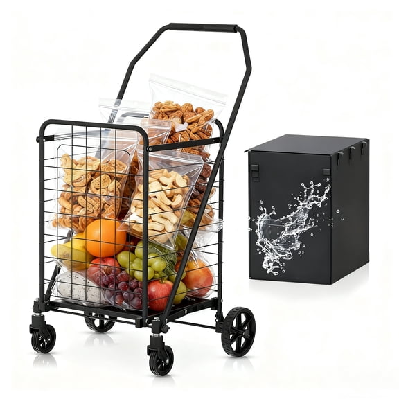 Folding Shopping Cart with Waterproof Bag, Grocery Cart on Wheels Collapsible Utility Trolley for Grocery, Laundry, Shopping, Black, Supports up to 150 lbs