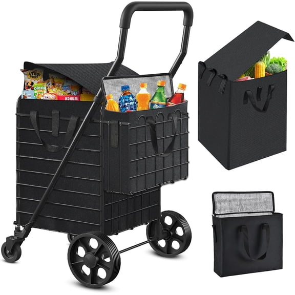 Folding Shopping Cart with Waterproof Basket Liner and Insulated Bag, Rolling Trolley with 360° Swivel Wheels Height Adjustable Portable Shopping Carts for Laundry, Baggage, Picnic