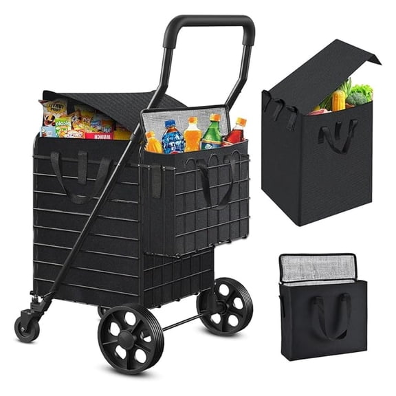 Folding Shopping Cart with Waterproof Basket Liner and Insulated Bag, Rolling Trolley with 360 Swivel Wheels Height Adjustable Portable Shopping Carts for Laundry, Baggage, Picnic