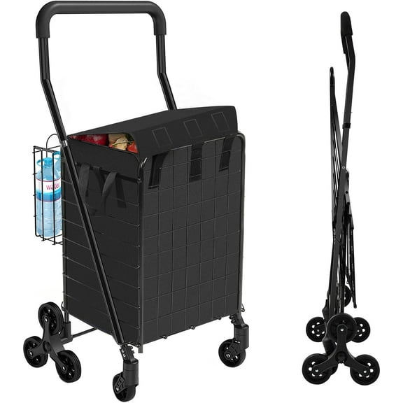 Folding Shopping Cart with Waterproof Liner, Heavy-Duty Stair-Climbing Grocery Cart with 360° Swivel Wheels - Extended Foam Handle - Utility Trolley for Laundry, Travel, Shopping (Blue)