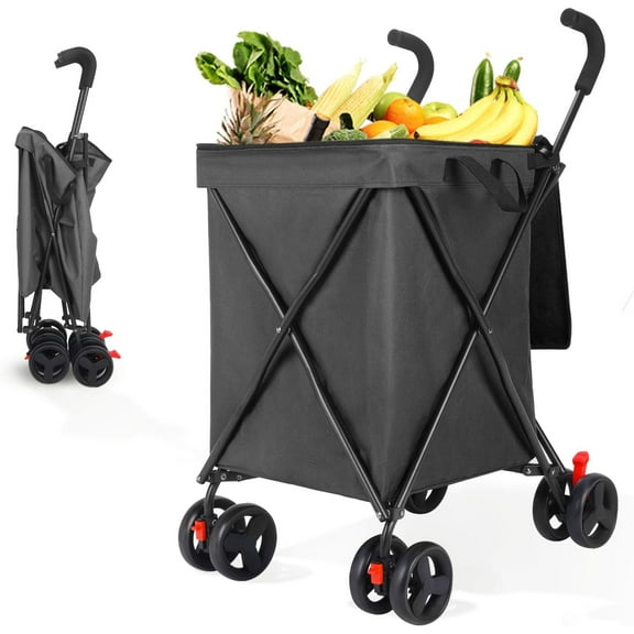 Folding Shopping Cart with Wheels,Foldable Shopping Cart for Groceries,Large Capacity 120lbs Utility Cart,Hulken Bag with Wheels for Laundry Grocery, Baggage, Picnic (Black)