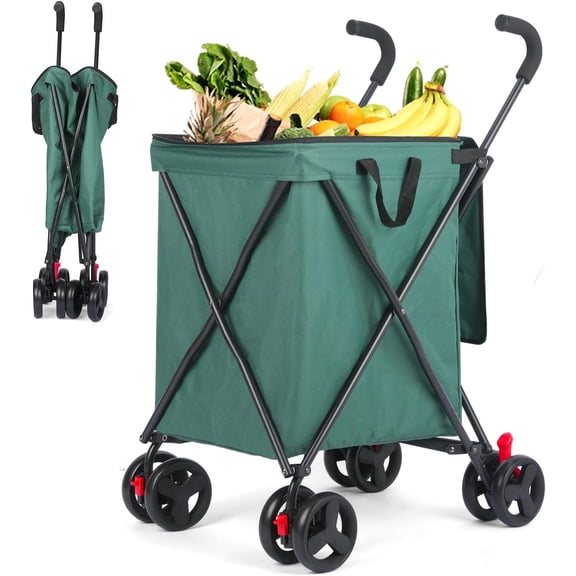 Folding Shopping Cart with Wheels,Foldable Shopping Cart for Groceries,Large Capacity 120lbs Utility Cart,Hulken Bag with Wheels for Laundry Grocery, Baggage, Picnic (Green)