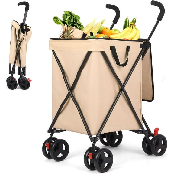 Folding Shopping Cart with Wheels,Foldable Shopping Cart for Groceries,Large Capacity 120lbs Utility Cart,Hulken Bag with Wheels for Laundry Grocery, Baggage, Picnic (Khaki)