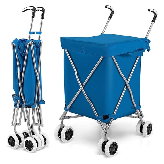 Folding Shopping Cart on Wheels, Waterproof Grocery Cart with Removable Cover and 360 Swiveling Wheels, Collapsible Utility Cart for Groceries and Laundry, 120LBS Load Capacity, Blue