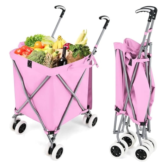Folding Shopping Cart on Wheels, Waterproof Grocery Cart with Removable Cover and 360 Swiveling Wheels, Collapsible Utility Cart for Groceries and Laundry, 120LBS Load Capacity, Pink