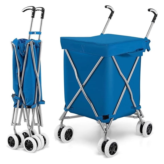 Folding Shopping Cart on Wheels, Waterproof Grocery Cart with Removable Cover and 360 Swiveling Wheels, Collapsible Utility Cart for Groceries and Laundry, 120LBS Load Capacity, Blue