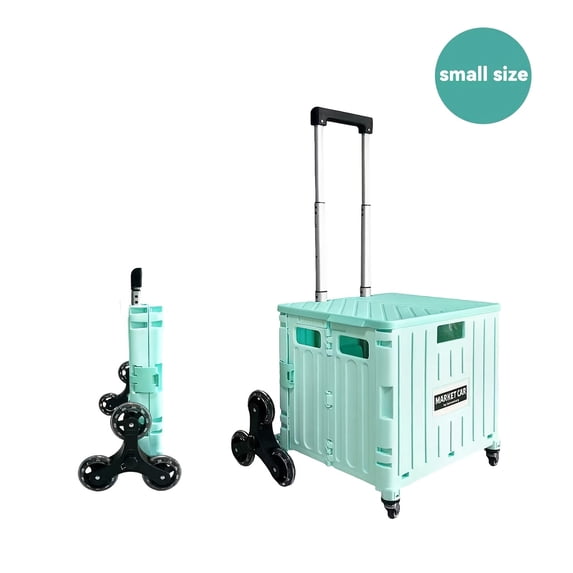Folding Shopping Cart with Collapsible Plastic Crate, Rolling Utility Cart for Grocery, Mint