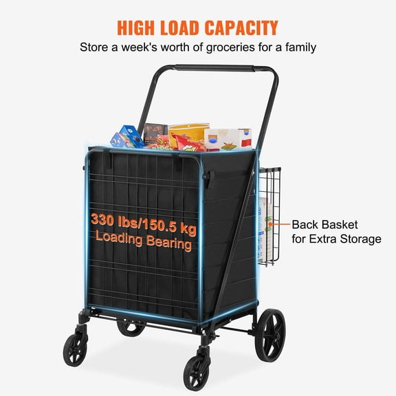 Folding Shopping Cart with Liner, 210LBS Jumbo Grocery Cart, 360 Wheels, Heavy Duty Utility Cart for Shopping, Laundry, Camping