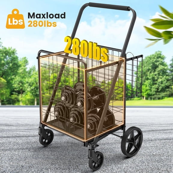Folding Shopping Cart with Waterproof Bag, 260 Lbs Heavy Duty Shopping Carts for Groceries, Laundry, and More