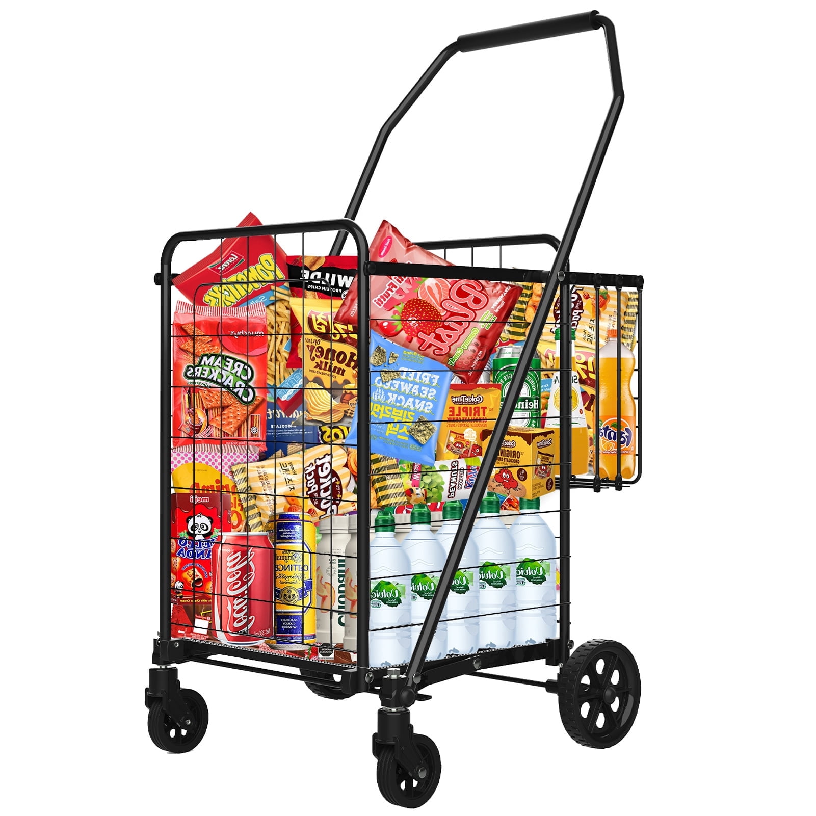 Folding Shopping Cart with Wheels, 360° Swivel Design, Heavy Duty Utility Cart, Black
