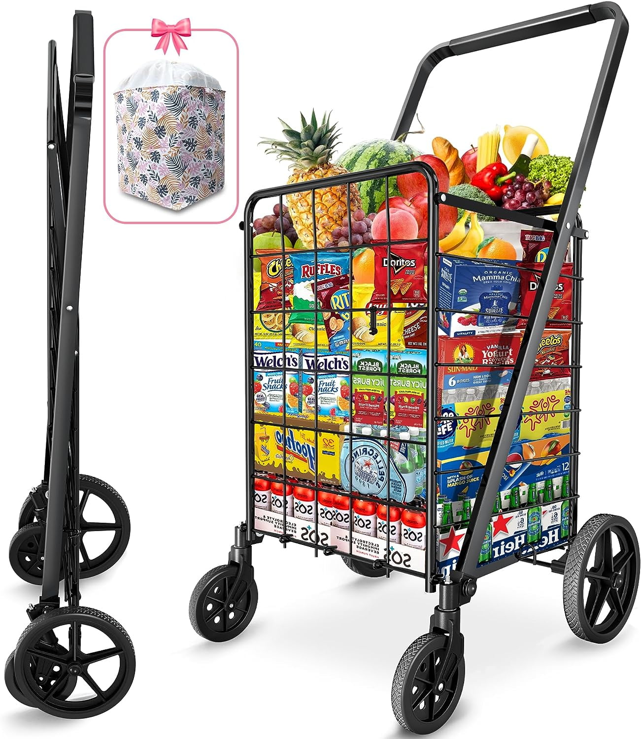 Folding Shopping Carts for Groceries,220lb,Grocery Cart with 360