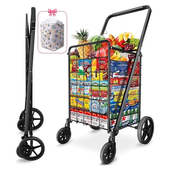 Folding Shopping Carts for Groceries,27GAL/220lb,Grocery Cart with 360 Rolling Swivel Wheels, Collapsible Rolling cart,Portable Utility Cart with Shopping Liner for Laundry Luggage Office