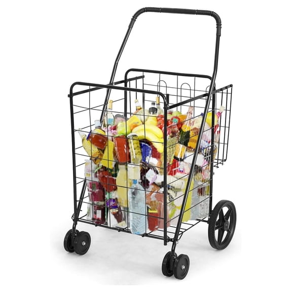 Folding Shopping Grocery Cart Metal Rolling Cart with Double Basket Non-Slip Handle and Swivel Wheels, Light Weight Utility Cart for Laundry Book Luggage Travel