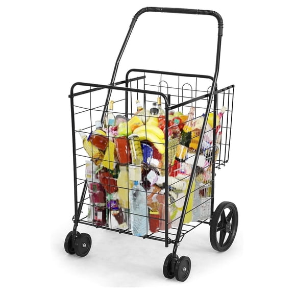 Folding Shopping Grocery Cart Metal Rolling Cart with Double Basket Non-Slip Handle and Swivel Wheels, Light Weight Utility Cart for Laundry Book Luggage Travel