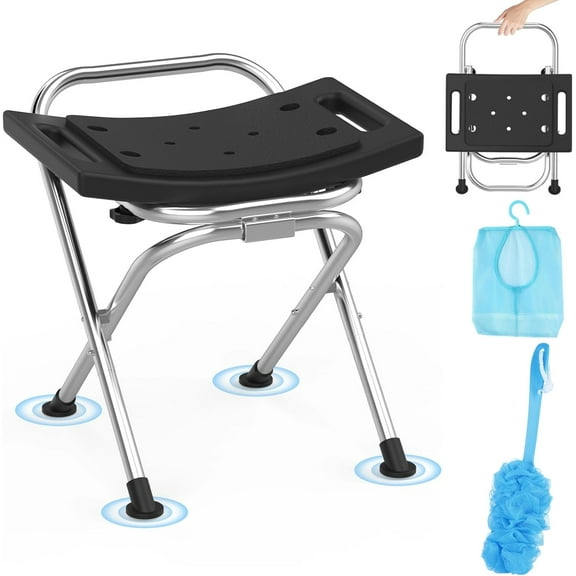 Folding Shower Chair for Inside Shower - Stainless Steel Foldable Shower Seat with Cushion - 400lbs Bathroom Stool, Collapsible Portable Travel Bath Bench for Elderly Senior Handicap & Disabled
