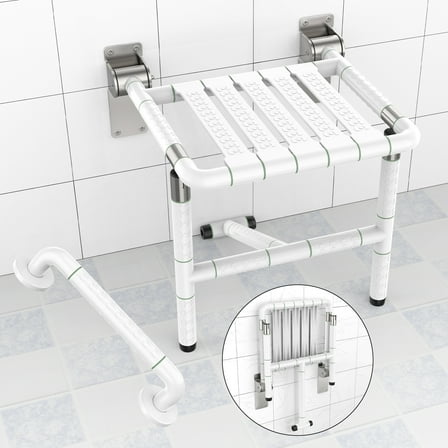 Folding Shower Seat Wall Mounted - 500 Lbs Capacity - 14x16'' Stainless Steel Shower Bench w/ 16'' Grab Bar for Inside Shower Bathtub, Heavy Duty Anti-Slip Fold Down Shower Chair for Elderly/Disabled