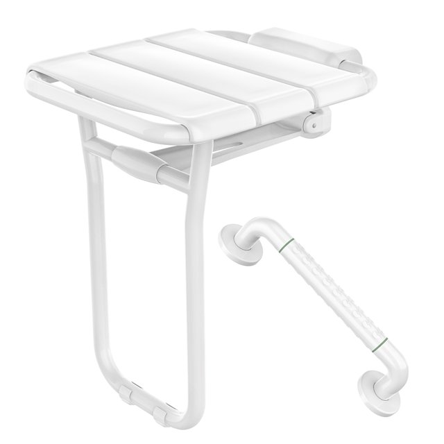 Folding Shower Seat Wall Mounted with Grab Bar, Stainless Steel Shower Bench for Elderly and